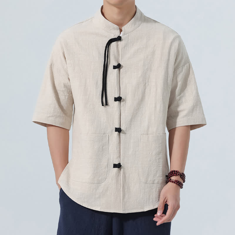 Buddha Stones Summer Tang Style Casual Mandarin Collar Frog Button Solid Men's Elbow-Length Sleeve Shirts With Pocket - Linen - US/UK/AU46，EU56 (5XL) - image 14