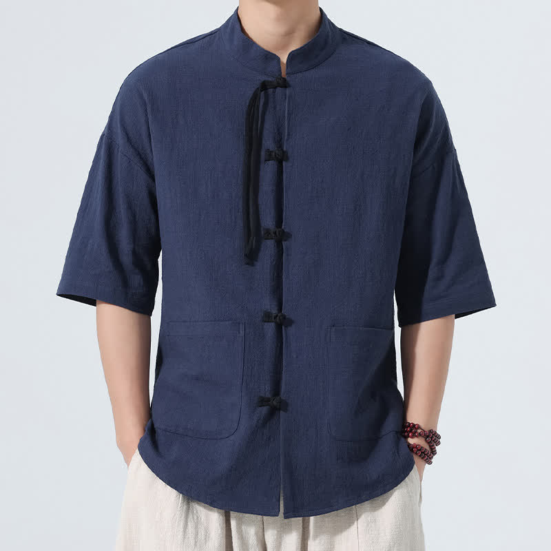 Buddha Stones Summer Tang Style Casual Mandarin Collar Frog Button Solid Men's Elbow-Length Sleeve Shirts With Pocket - Navy - US/UK/AU46，EU56 (5XL) - image 0