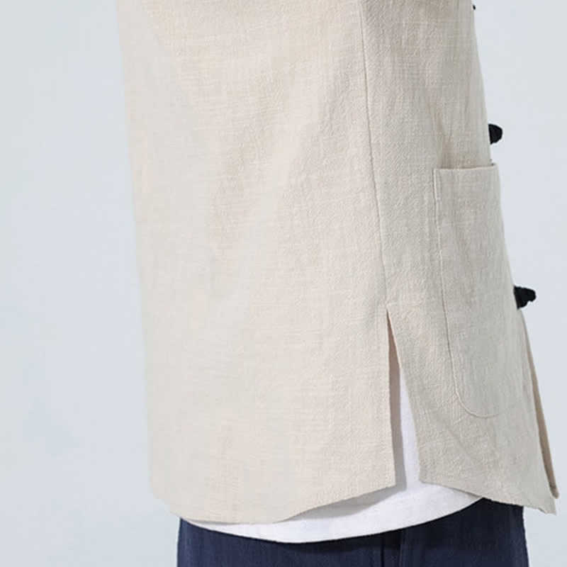 Buddha Stones Summer Tang Style Casual Mandarin Collar Frog Button Solid Men's Elbow-Length Sleeve Shirts With Pocket - image 18