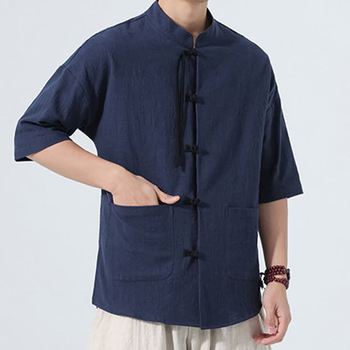 Buddha Stones Summer Tang Style Casual Mandarin Collar Frog Button Solid Men's Elbow-Length Sleeve Shirts With Pocket - image 5