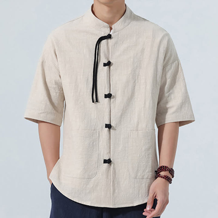 Buddha Stones Summer Tang Style Casual Mandarin Collar Frog Button Solid Men's Elbow-Length Sleeve Shirts With Pocket - image 19