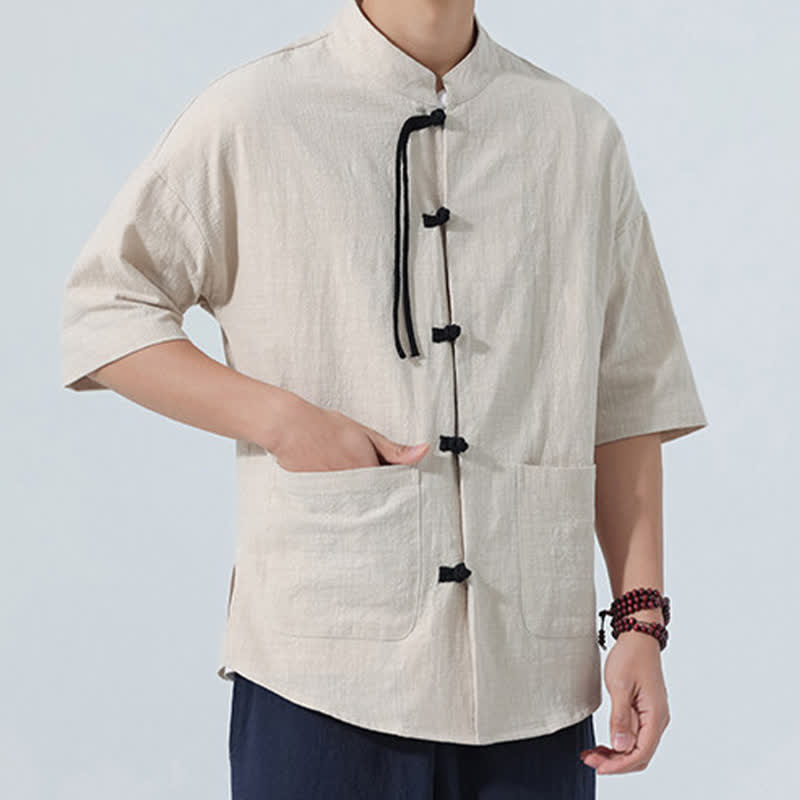 Buddha Stones Summer Tang Style Casual Mandarin Collar Frog Button Solid Men's Elbow-Length Sleeve Shirts With Pocket - image 17