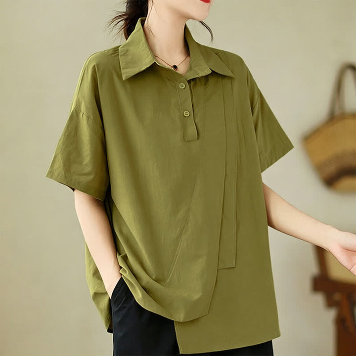 Buddha Stones Summer Casual Minimalist Button-up Solid Asymmetric Layered Design Women's Short Sleeve Shirts - image 1