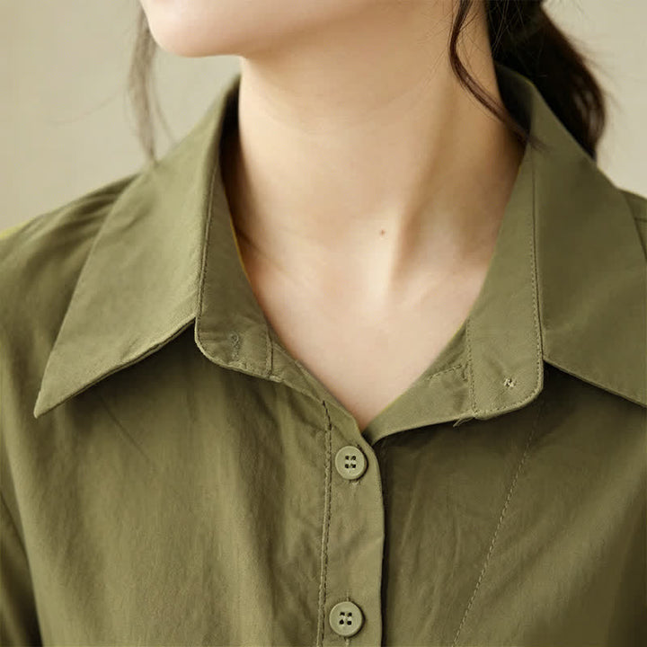 Buddha Stones Summer Casual Minimalist Button-up Solid Asymmetric Layered Design Women's Short Sleeve Shirts - image 4