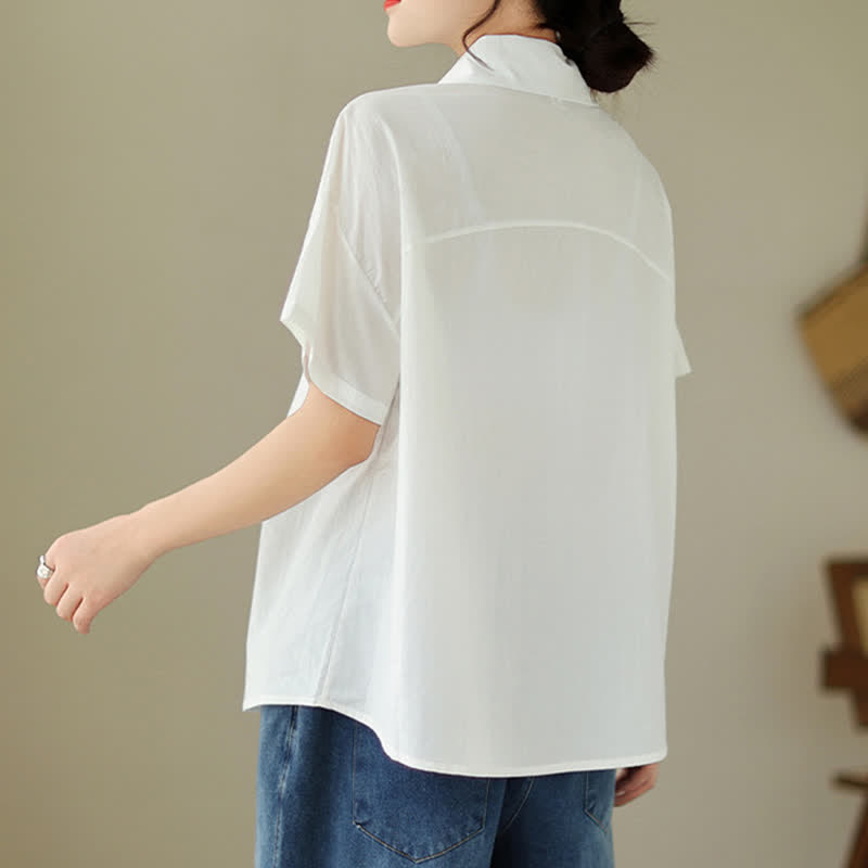 Buddha Stones Summer Casual Minimalist Button-up Solid Asymmetric Layered Design Women's Short Sleeve Shirts - image 18