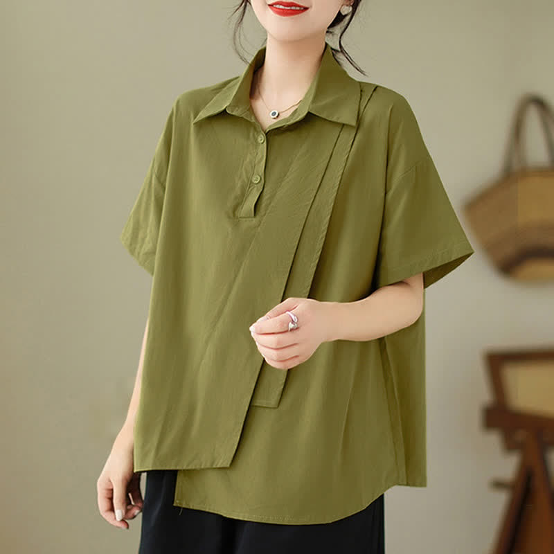 Buddha Stones Summer Casual Minimalist Button-up Solid Asymmetric Layered Design Women's Short Sleeve Shirts - image 2