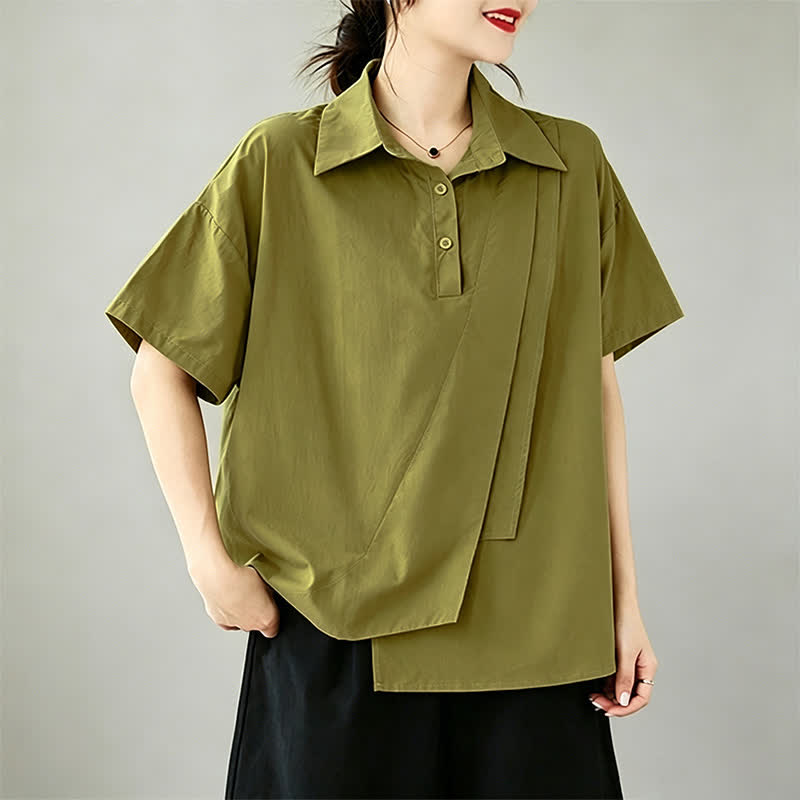 Buddha Stones Summer Casual Minimalist Button-up Solid Asymmetric Layered Design Women's Short Sleeve Shirts - image 3