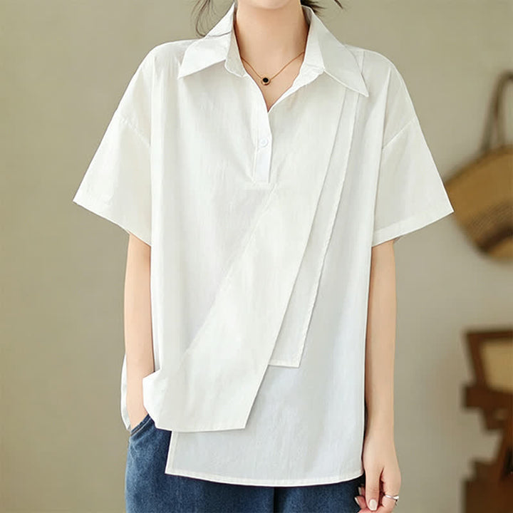 Buddha Stones Summer Casual Minimalist Button-up Solid Asymmetric Layered Design Women's Short Sleeve Shirts - White - US14，UK/AU18，EU46 (3XL) - image 16