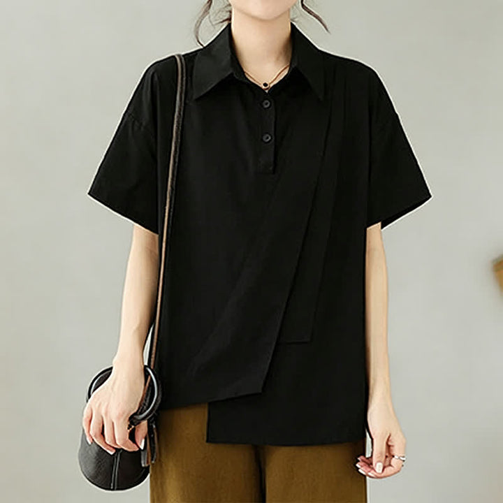 Buddha Stones Summer Casual Minimalist Button-up Solid Asymmetric Layered Design Women's Short Sleeve Shirts - image 13