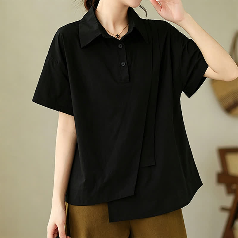 Buddha Stones Summer Casual Minimalist Button-up Solid Asymmetric Layered Design Women's Short Sleeve Shirts - Black - US14，UK/AU18，EU46 (3XL) - image 9