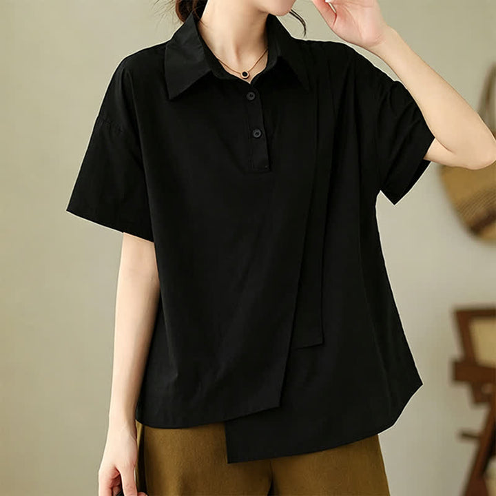 Buddha Stones Summer Casual Minimalist Button-up Solid Asymmetric Layered Design Women's Short Sleeve Shirts - Black - US14，UK/AU18，EU46 (3XL) - image 9