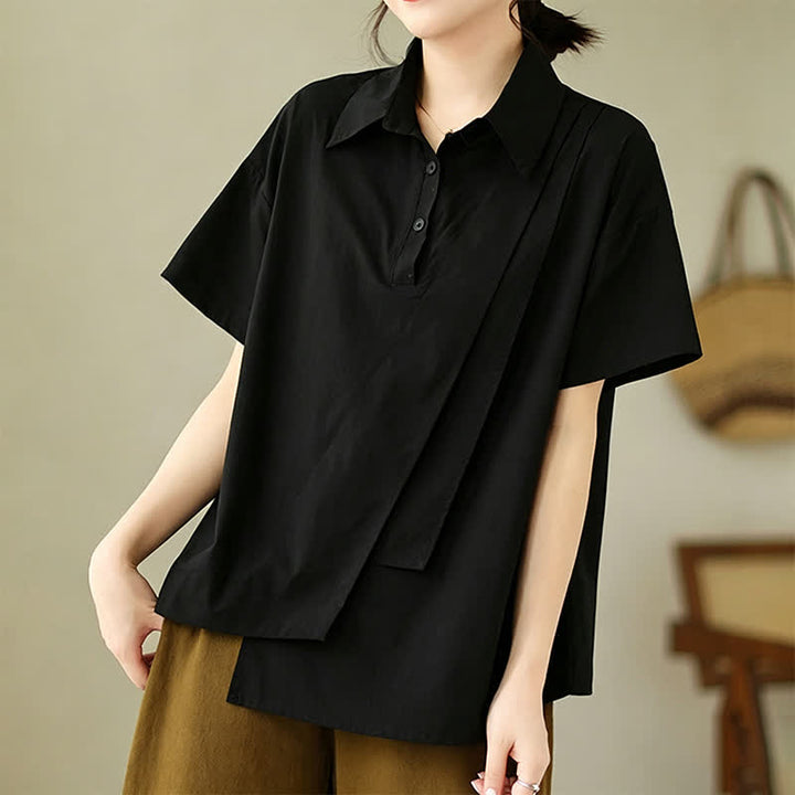 Buddha Stones Summer Casual Minimalist Button-up Solid Asymmetric Layered Design Women's Short Sleeve Shirts - image 12