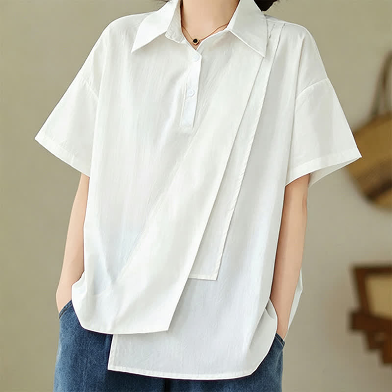 Buddha Stones Summer Casual Minimalist Button-up Solid Asymmetric Layered Design Women's Short Sleeve Shirts - image 22