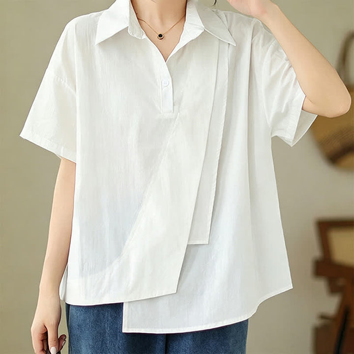 Buddha Stones Summer Casual Minimalist Button-up Solid Asymmetric Layered Design Women's Short Sleeve Shirts - image 21
