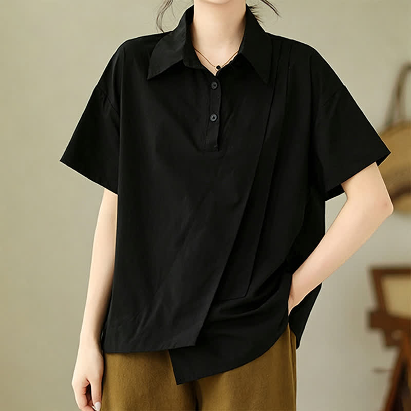 Buddha Stones Summer Casual Minimalist Button-up Solid Asymmetric Layered Design Women's Short Sleeve Shirts - image 11