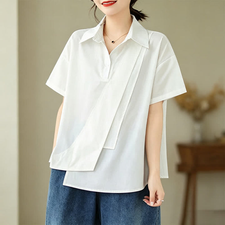 Buddha Stones Summer Casual Minimalist Button-up Solid Asymmetric Layered Design Women's Short Sleeve Shirts - image 17