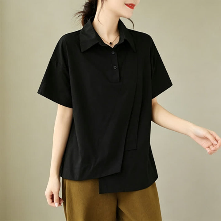 Buddha Stones Summer Casual Minimalist Button-up Solid Asymmetric Layered Design Women's Short Sleeve Shirts - image 10