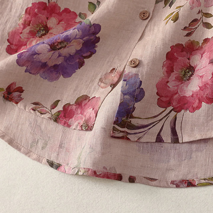 Buddha Stones Summer Casual Boho Drawstring Floral Peony Green Leaves Women's Short Sleeve Shirts - image 9
