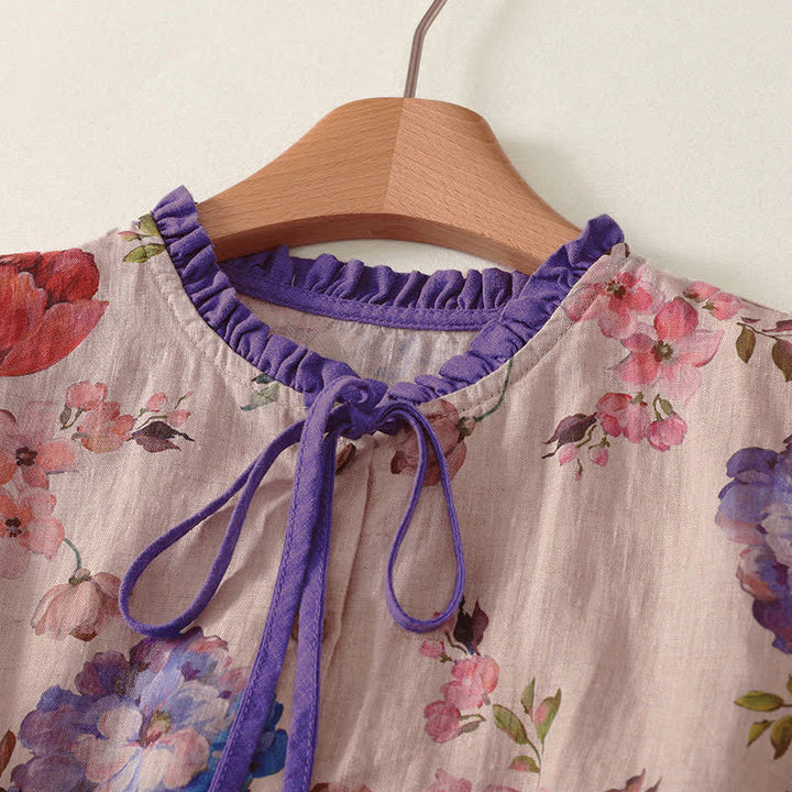 Buddha Stones Summer Casual Boho Drawstring Floral Peony Green Leaves Women's Short Sleeve Shirts - image 6