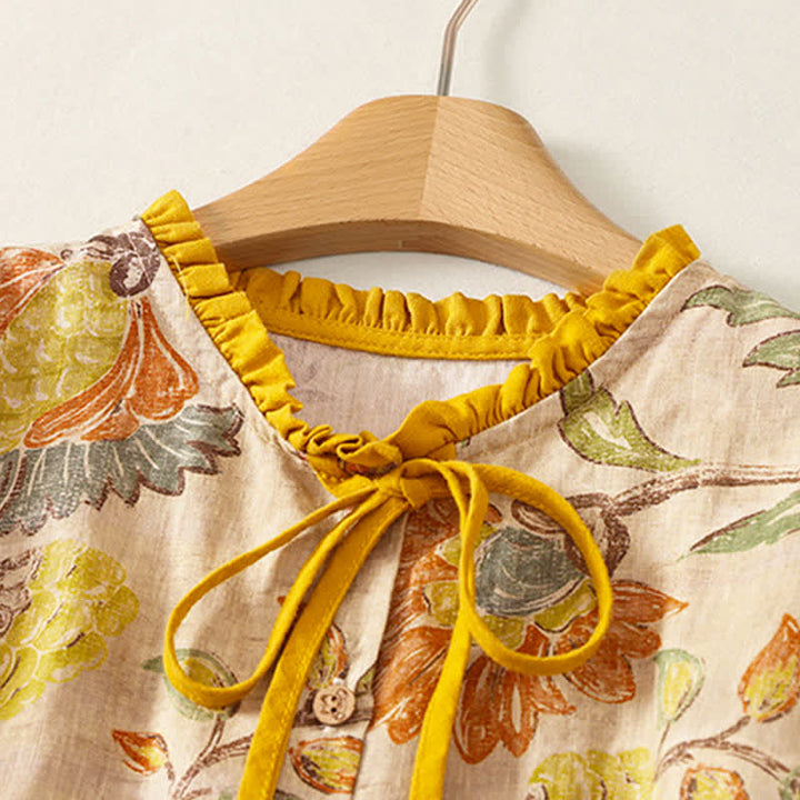 Buddha Stones Summer Casual Boho Drawstring Floral Peony Green Leaves Women's Short Sleeve Shirts - image 1