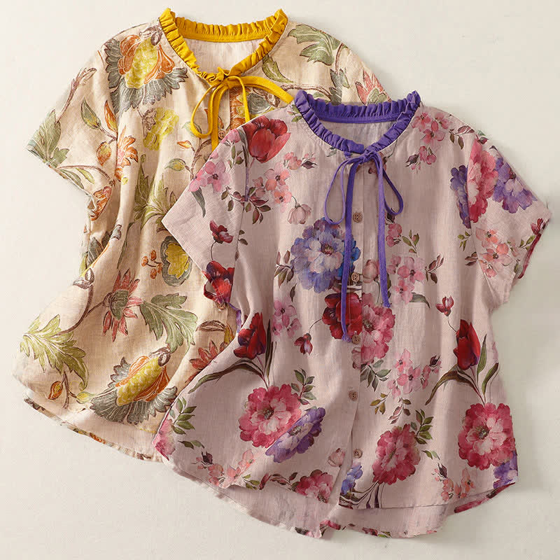 Buddha Stones Summer Casual Boho Drawstring Floral Peony Green Leaves Women's Short Sleeve Shirts - image 12