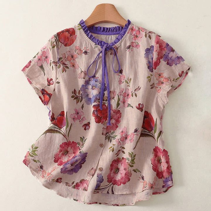Buddha Stones Summer Casual Boho Drawstring Floral Peony Green Leaves Women's Short Sleeve Shirts - MistyRose - US8-10，UK/AU12-14，EU40-42 (2XL) - image 4