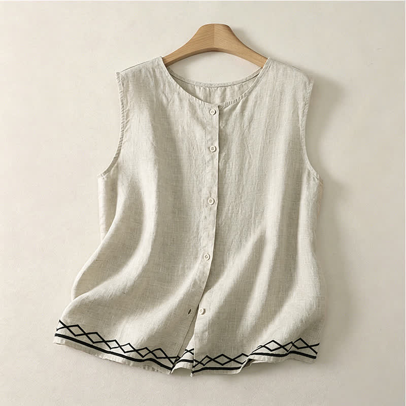 Buddha Stones Summer Casual Minimalist Button-Up Geometric Women's Sleeveless Shirts Tank Top - Linen - US12, UK/AU16, EU44 (2XL) - image 8
