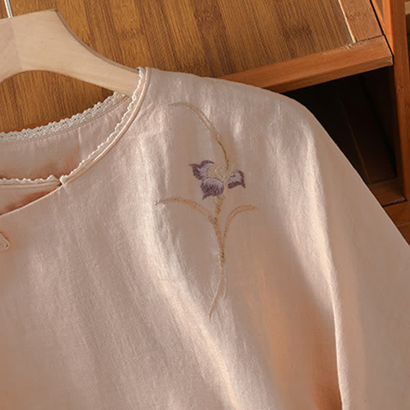 Buddha Stones Summer Tang Style Vintage Embroidery Frog Button Floral Women's Short Sleeve Shirts - image 2