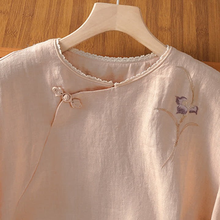 Buddha Stones Summer Tang Style Vintage Embroidery Frog Button Floral Women's Short Sleeve Shirts - image 1