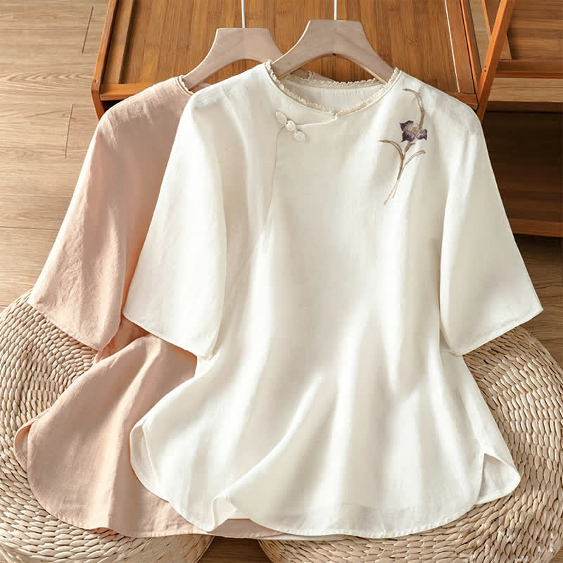 Buddha Stones Summer Tang Style Vintage Embroidery Frog Button Floral Women's Short Sleeve Shirts - image 12