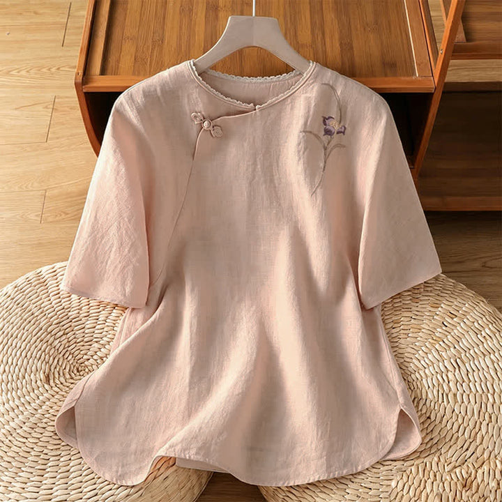 Buddha Stones Summer Tang Style Vintage Embroidery Frog Button Floral Women's Short Sleeve Shirts - Bisque - US8-10, UK/AU12-14, EU40-42 (2XL) - image 0