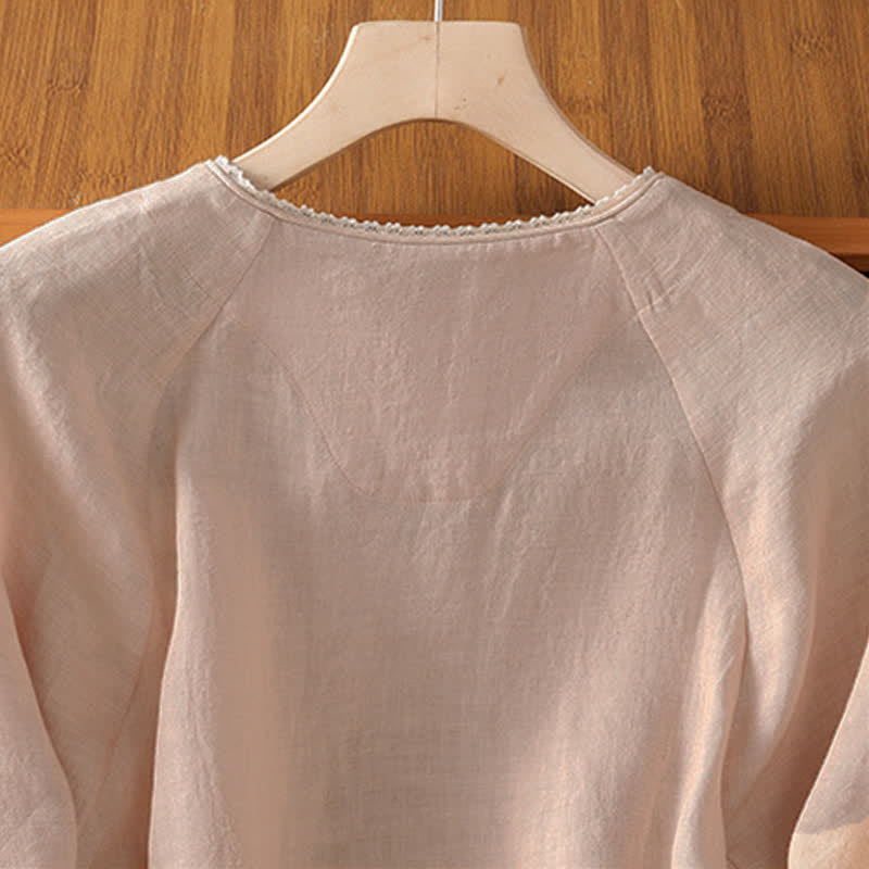 Buddha Stones Summer Tang Style Vintage Embroidery Frog Button Floral Women's Short Sleeve Shirts - image 3