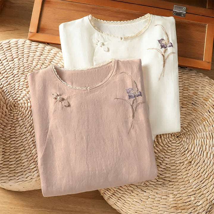 Buddha Stones Summer Tang Style Vintage Embroidery Frog Button Floral Women's Short Sleeve Shirts - image 13