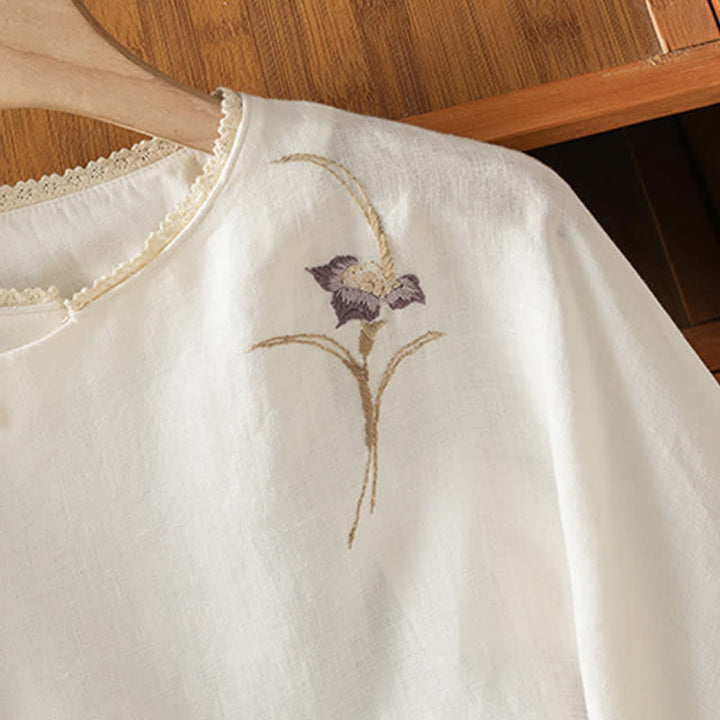 Buddha Stones Summer Tang Style Vintage Embroidery Frog Button Floral Women's Short Sleeve Shirts - image 10