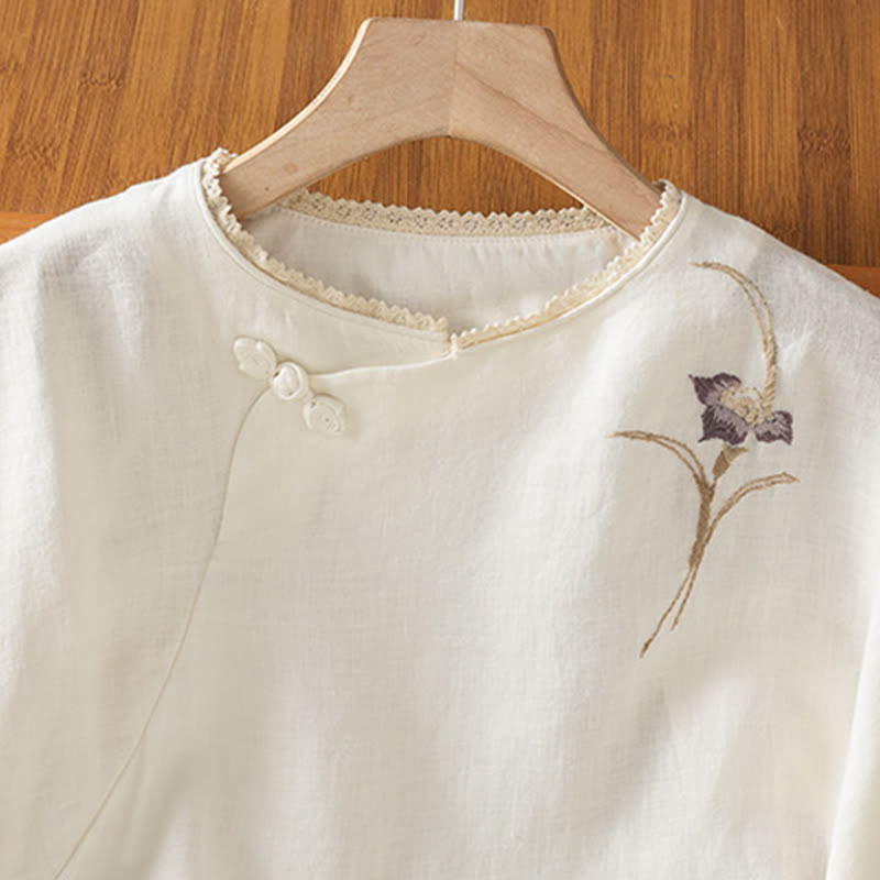 Buddha Stones Summer Tang Style Vintage Embroidery Frog Button Floral Women's Short Sleeve Shirts - image 9