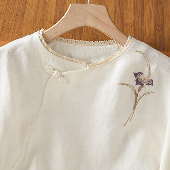 Buddha Stones Summer Tang Style Vintage Embroidery Frog Button Floral Women's Short Sleeve Shirts - image 9