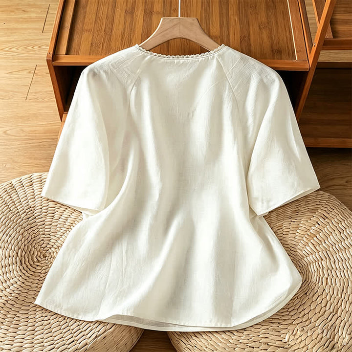 Buddha Stones Summer Tang Style Vintage Embroidery Frog Button Floral Women's Short Sleeve Shirts - image 8
