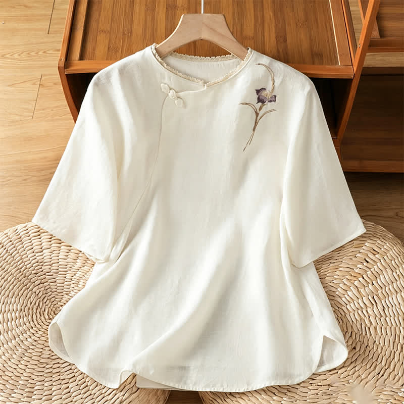 Buddha Stones Summer Tang Style Vintage Embroidery Frog Button Floral Women's Short Sleeve Shirts - White - US8-10, UK/AU12-14, EU40-42 (2XL) - image 7