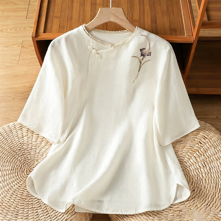 Buddha Stones Summer Tang Style Vintage Embroidery Frog Button Floral Women's Short Sleeve Shirts - White - US8-10, UK/AU12-14, EU40-42 (2XL) - image 7