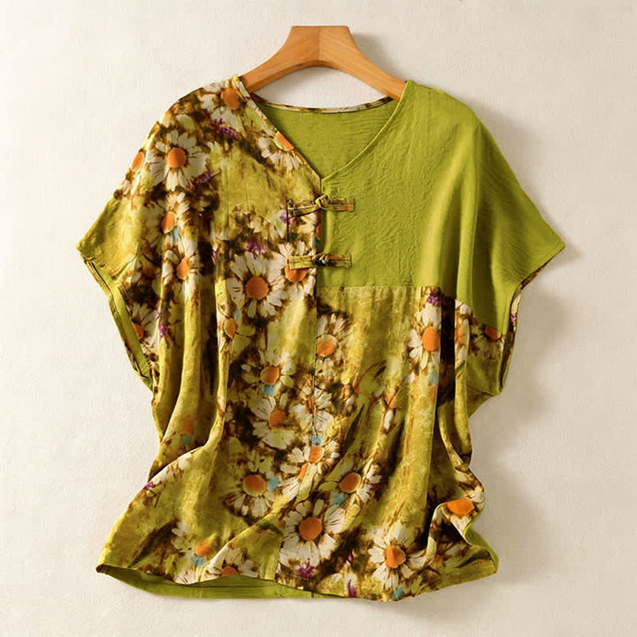 Buddha Stones Summer Casual Vintage Tang Style Pankou Floral Sunflowers Women's Short Sleeve Shirts - YellowGreen - US4-12, UK/AU8-16, EU36-44 (F) - image 0