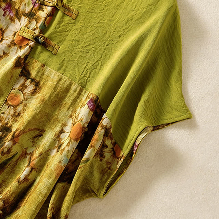 Buddha Stones Summer Casual Vintage Tang Style Pankou Floral Sunflowers Women's Short Sleeve Shirts - image 5