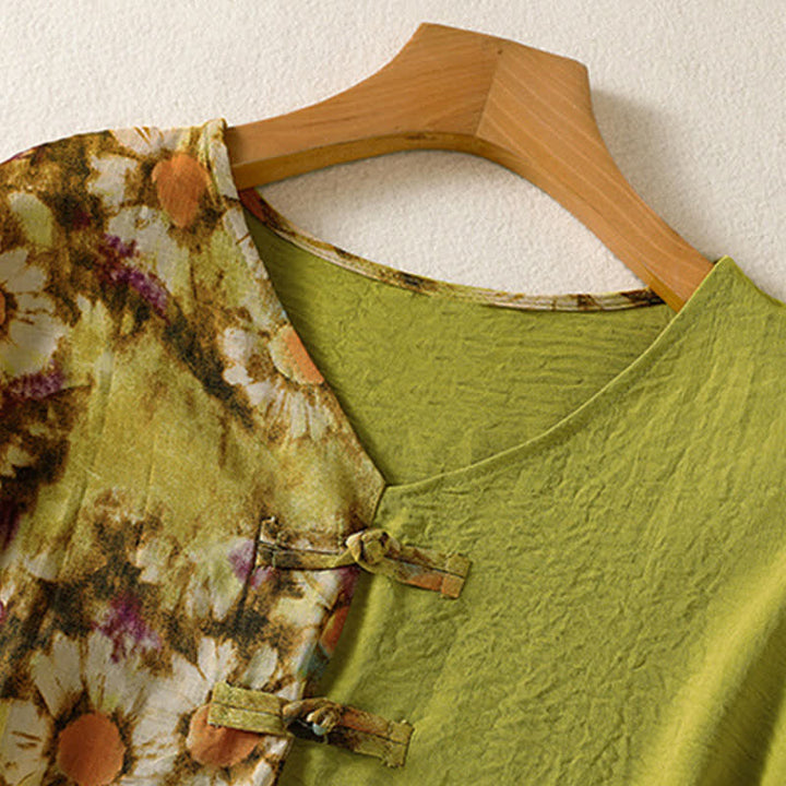 Buddha Stones Summer Casual Vintage Tang Style Pankou Floral Sunflowers Women's Short Sleeve Shirts - image 2