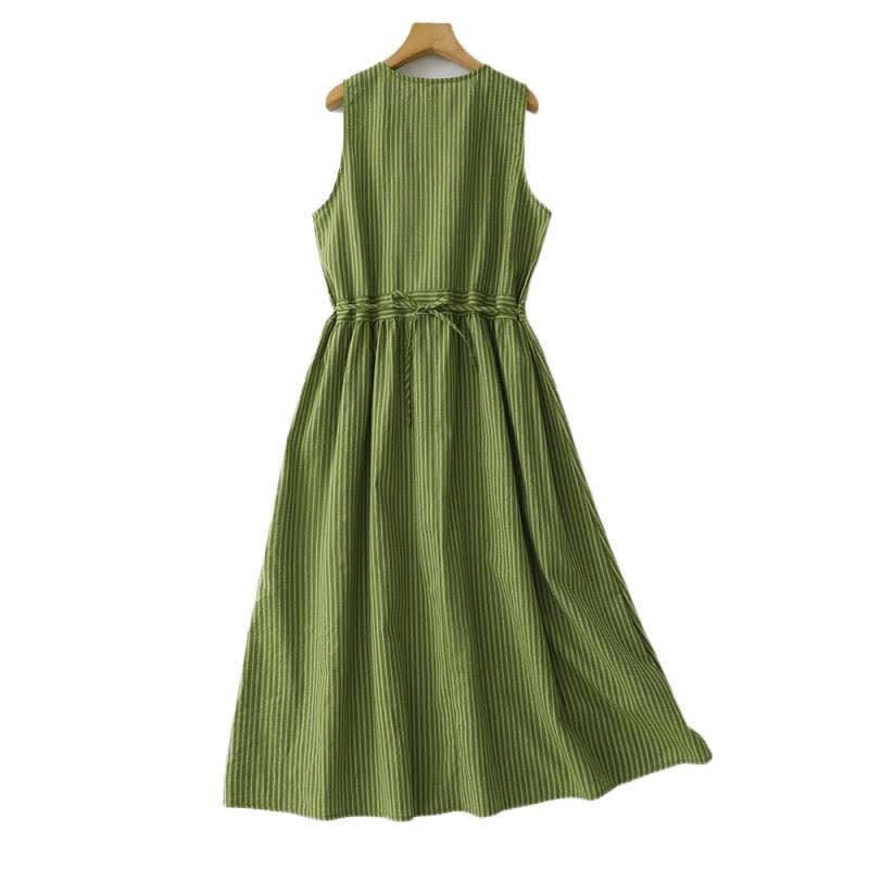 Buddha Stones Summer Casual Elegant Green Striped Crew Neck Women's Summer Sleeveless Dress - image 2