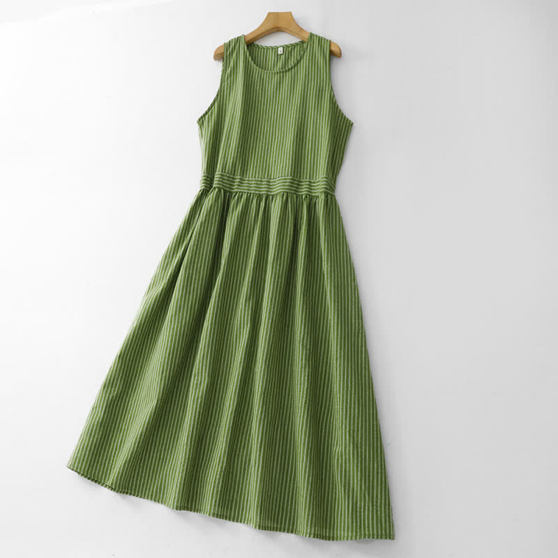 Buddha Stones Summer Casual Elegant Green Striped Crew Neck Women's Summer Sleeveless Dress - image 1