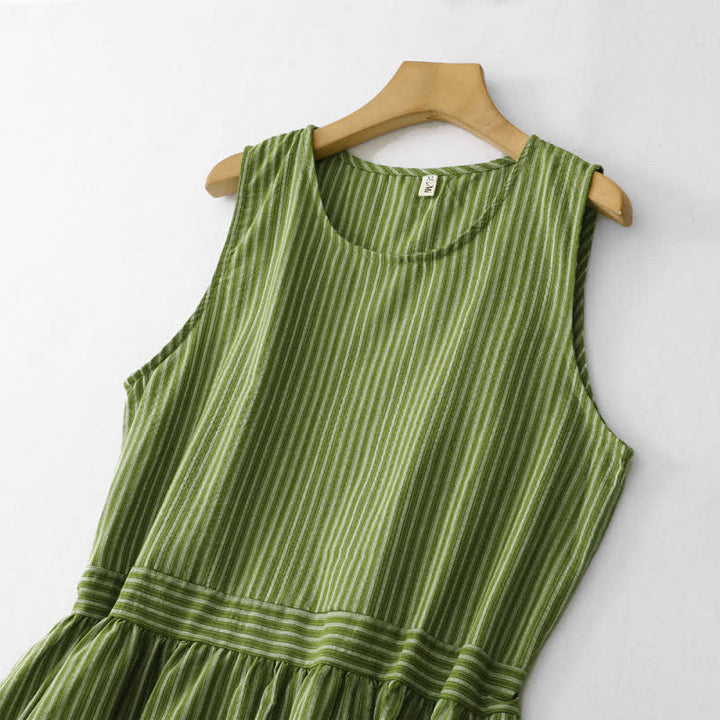 Buddha Stones Summer Casual Elegant Green Striped Crew Neck Women's Summer Sleeveless Dress - image 3