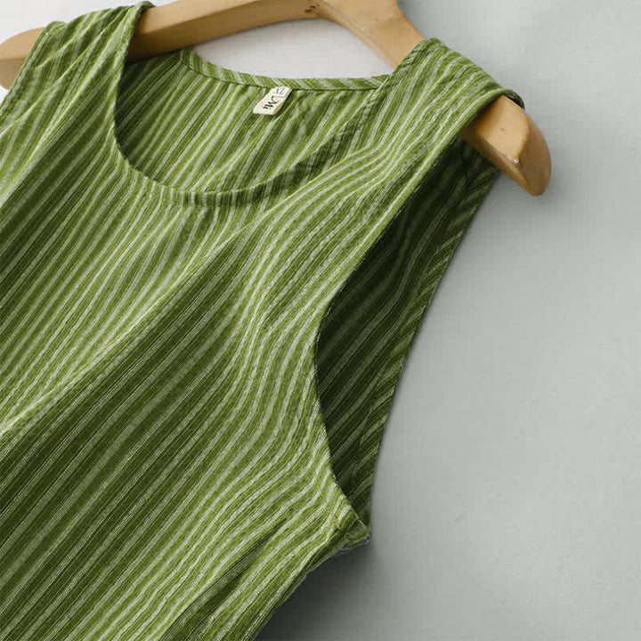 Buddha Stones Summer Casual Elegant Green Striped Crew Neck Women's Summer Sleeveless Dress - image 4