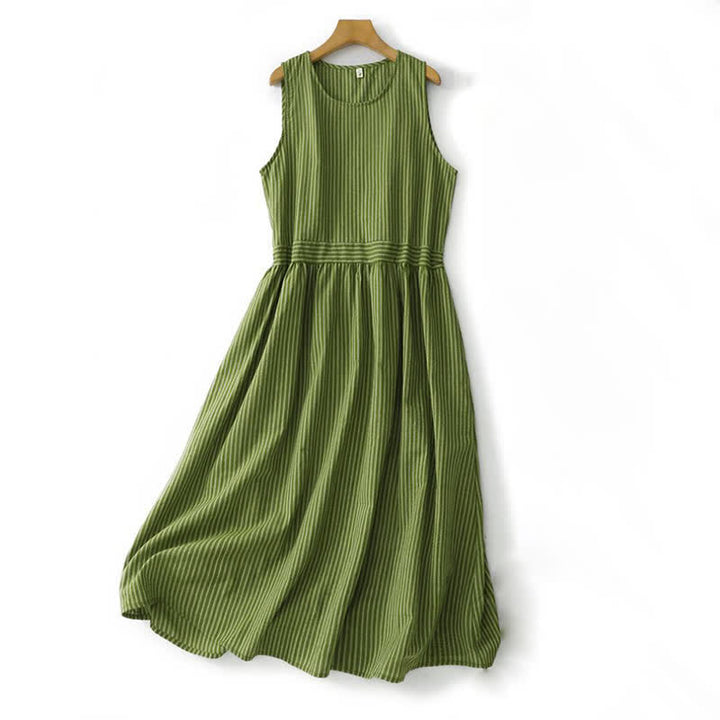 Buddha Stones Summer Casual Elegant Green Striped Crew Neck Women's Summer Sleeveless Dress - DarkSeaGreen - US12, UK/AU16, EU44 (2XL) - image 0