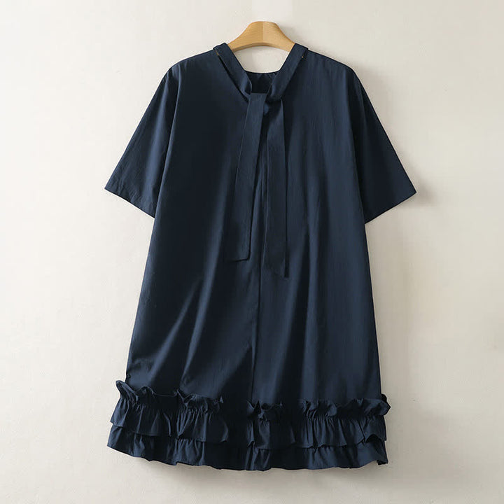 Buddha Stones Summer Casual Elegant Tie Neck Solid Ruffled Hem Women's Short Sleeve Dress - MidnightBlue - US14, UK/AU18, EU46 (2XL) - image 0