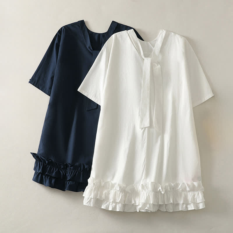 Buddha Stones Summer Casual Elegant Tie Neck Solid Ruffled Hem Women's Short Sleeve Dress - image 12