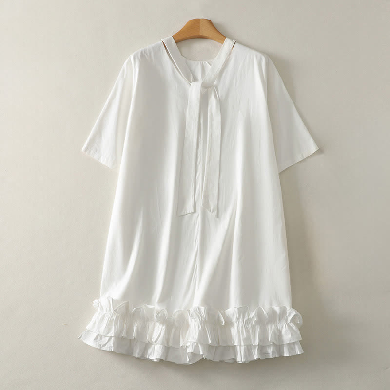 Buddha Stones Summer Casual Elegant Tie Neck Solid Ruffled Hem Women's Short Sleeve Dress - White - US14, UK/AU18, EU46 (2XL) - image 2